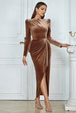 Long Brown Long Sleeves Round Neck Bodycon Party Dress