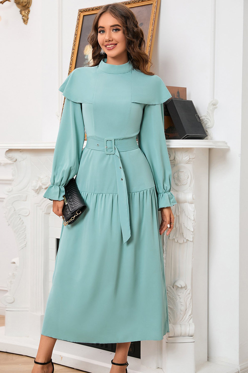 A Line Green Long Sleeves Casual Dress With Belt