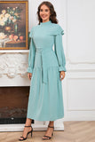 A Line Green Long Sleeves Casual Dress With Belt