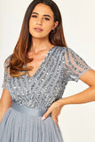 Sparkly V-Neck Grey Formal Dress with Short Sleeves
