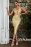 Golden Bodycon Deep V-neck Sleeveless Knee Length Party Dress