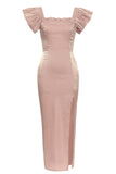 Blush Square Neck Cap Sleeves Bodycon Long Party Dress
