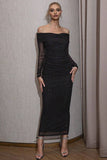 Off the Shoulder Black Tight Holiday Party Dress with Slit