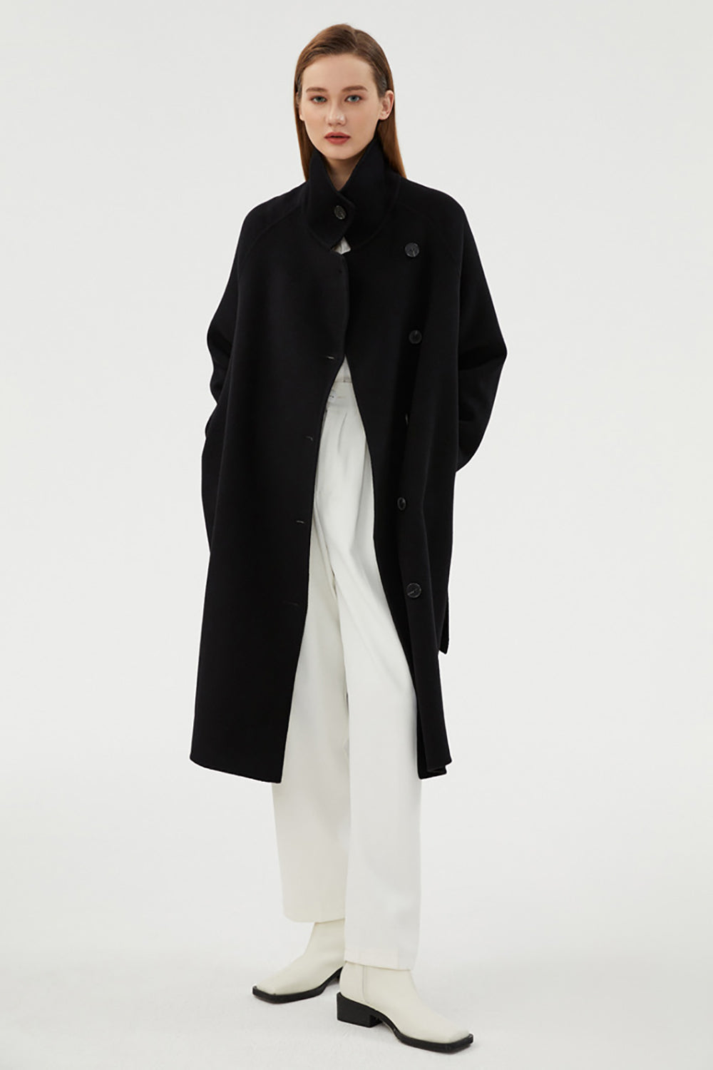 Black Long Double-sided Woolen Coat with Lapels
