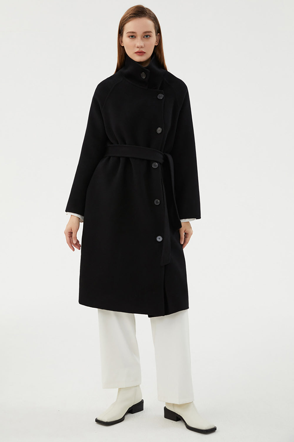 Black Long Double-sided Woolen Coat with Lapels