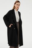 Black Slim Simple Long Woolen Coat with Double Breasted
