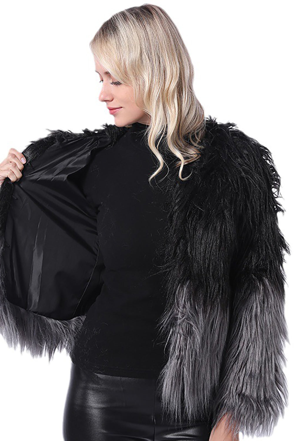 Black Winter Long Sleeve Faux Fur Coat