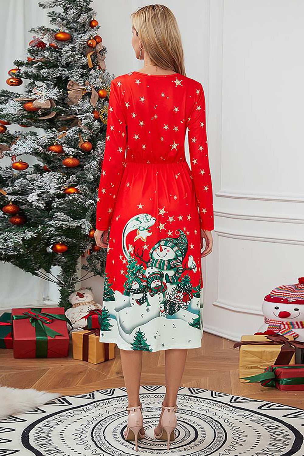 Christmas Printed Black Long Sleeve Holiday Dress