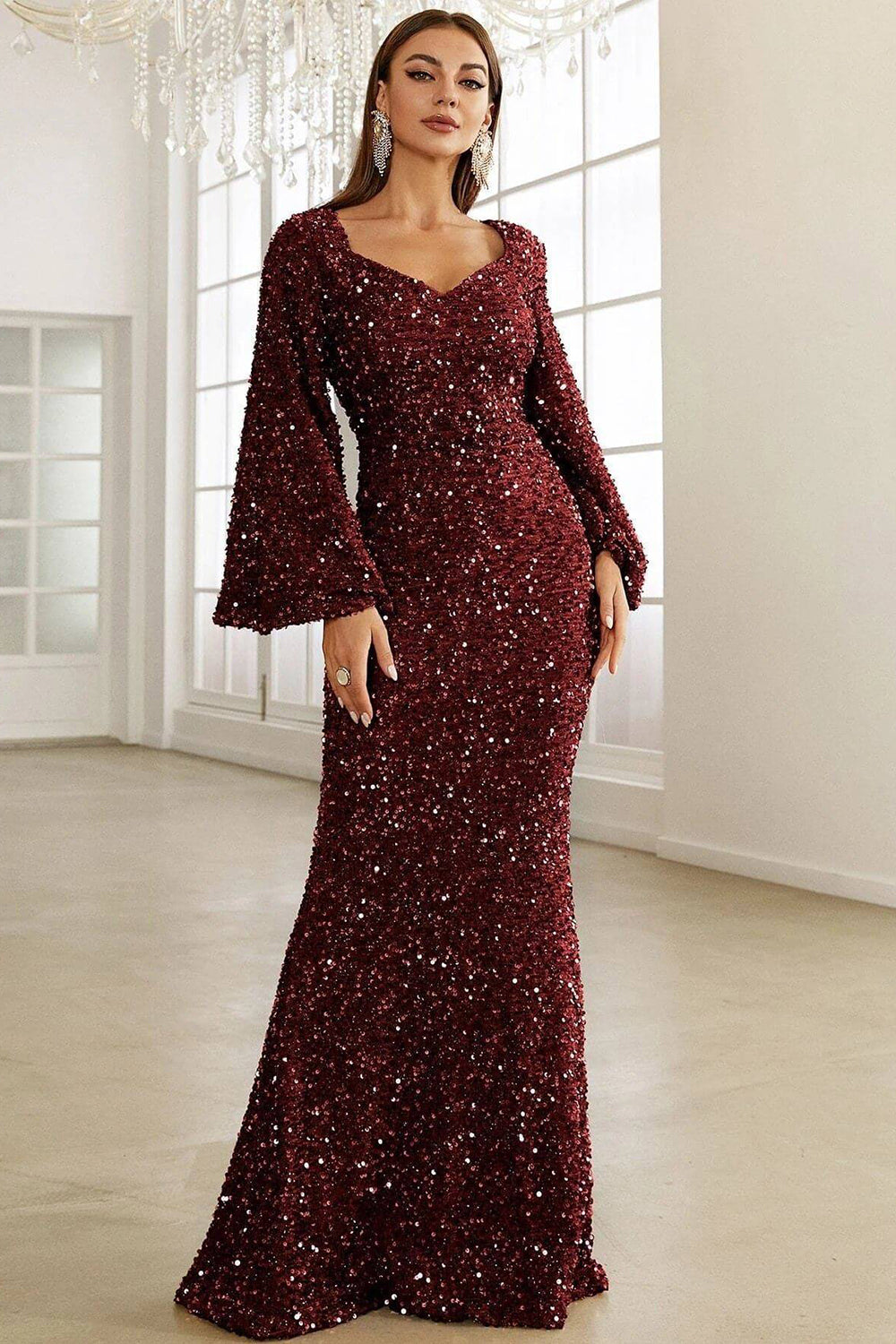 Burgundy Sparkly Sequin Mermaid Long Holiday Dress