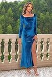 Blue Velvet Square Neck Sheath Holiday Dress With Slit