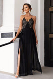 Black Spaghetti Straps Applique Long Holiday Dress With Slit