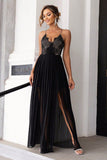 Black Spaghetti Straps Applique Long Holiday Dress With Slit