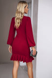 Black Ruched Long Sleeve Short Party Dress With Ruffles
