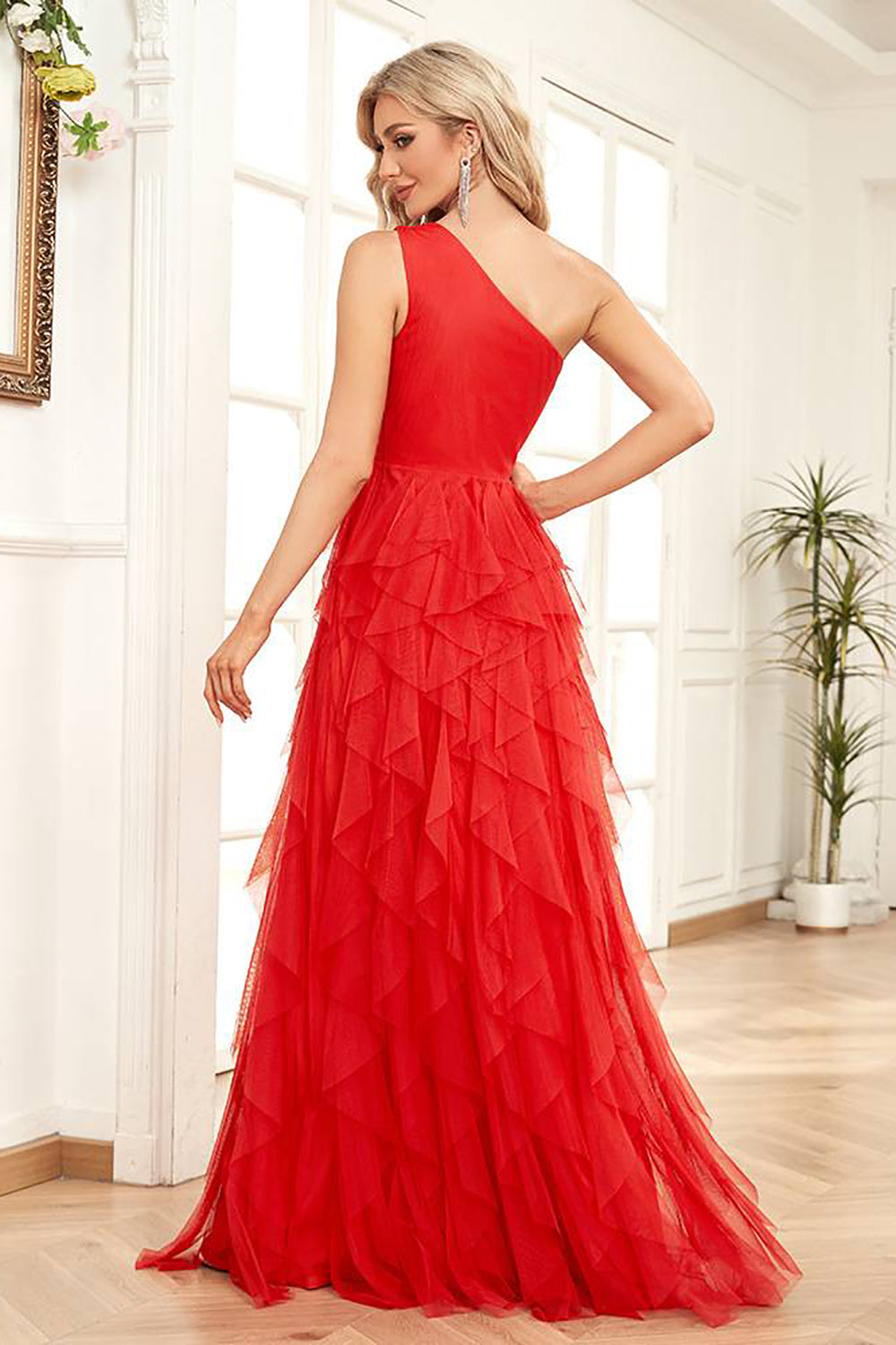 ZAPAKA Women Prom Dress One Shoulder Red Tulle A-Line Formal Dress