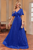 Royal Blue Sequins A-line Formal Dress with V-neck