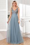 Grey Blue A Line Tulle Fromal Dress with Sequins
