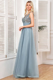 Grey Blue A Line Tulle Fromal Dress with Sequins