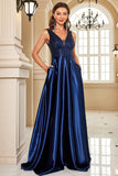 Navy Satin A-Line Formal Dress with Sequins