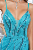 Blue A-Line Spaghetti Straps Sequins Prom Dress With Slit