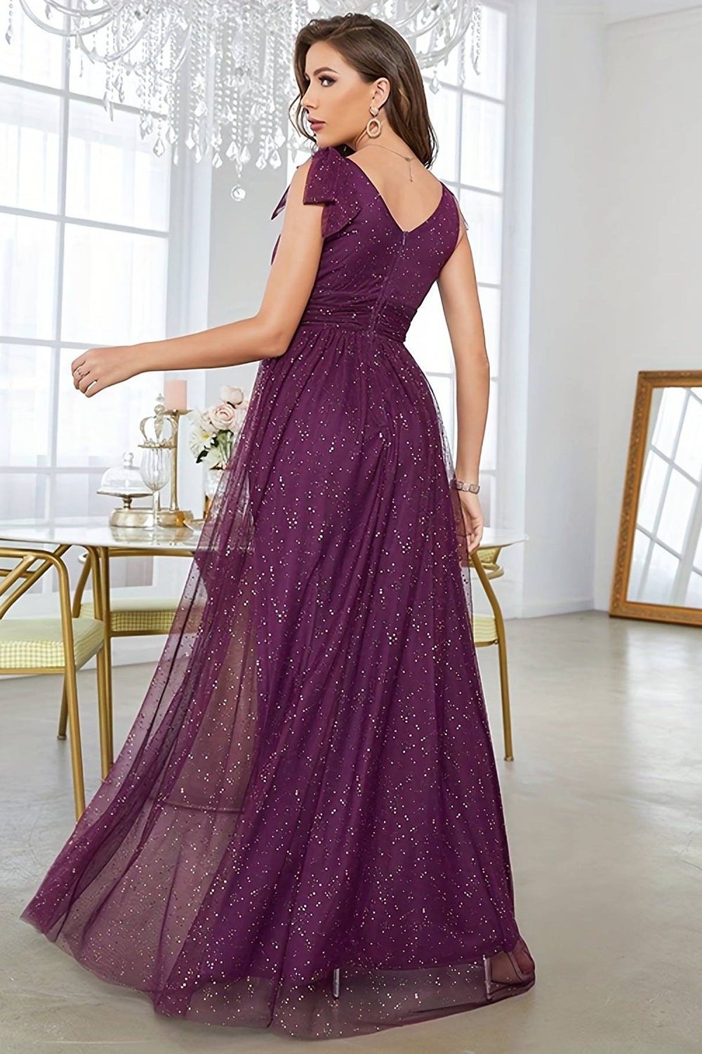 Sparkly Lilac Prom Dresses, Plung Neck Formal Sequins Evening Gown