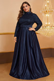 Navy A Line High Neck Long Sleeves Plus Size Prom Dress with Sequins