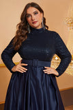 Navy A Line High Neck Long Sleeves Plus Size Prom Dress with Sequins