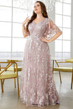 Grey Pink A-Line V-Neck Embroidered Plus Size Prom Dress
