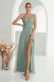 Grey Green A Line Spaghetti Straps Long Prom Dress with Slit
