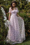 Lilac A line Tulle Prom Dress with Floral Print