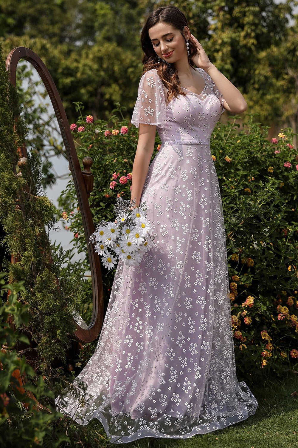 Lilac A line Tulle Prom Dress with Floral Print