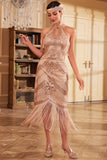 Champagne Glitter Halter Fringes 1920s Dress with Sleeveless