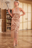 Champagne Glitter Halter Fringes 1920s Dress with Sleeveless