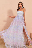Strapless A Line Tulle Prom Dress with Floral