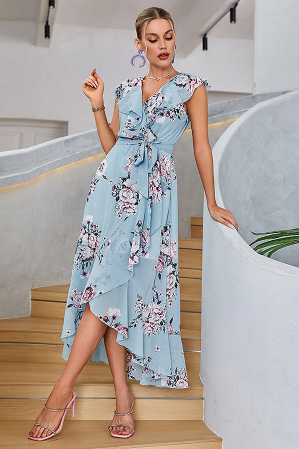 Blue A-Line V-Neck Asymmetrical Print Chiffon Summer Dress