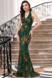Dark Green Mermaid Halter Print Backless Prom Dress
