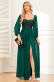 A-Line Dark Green Sequins Prom Dress with Sleeves