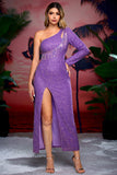 Sequins One Shoulder Purple Prom Dress with Fringes