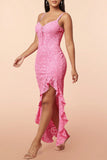 Pink Lace Ruffles Party Dress with Slit