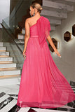Coral One Shoulder Tulle Long Prom Dress with Belt