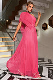 Coral One Shoulder Tulle Long Prom Dress with Belt
