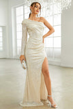 One Shoulder Long Sleeves Sparkly Prom Dress with Slit