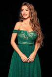 Dark Green A Line Tulle Off the Shoulder Prom Dress