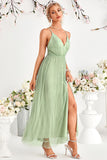 A-Line Tulle Light Green Spaghetti Straps Formal Dress with Slit