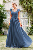 A-Line V-Neck Grey Blue Formal Dress