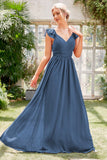 A-Line V-Neck Grey Blue Formal Dress