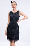 Black Fringed 1920s Gatsby Dress with Sequins