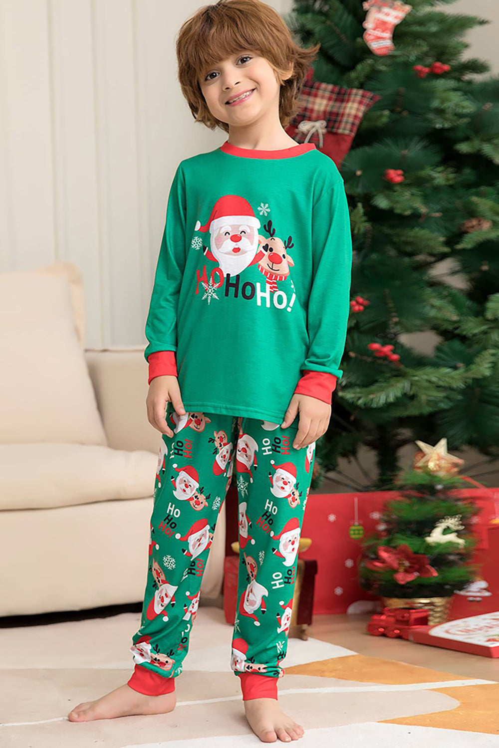 Green Santa Claus and Deer Christmas Family Matching Pajamas Set