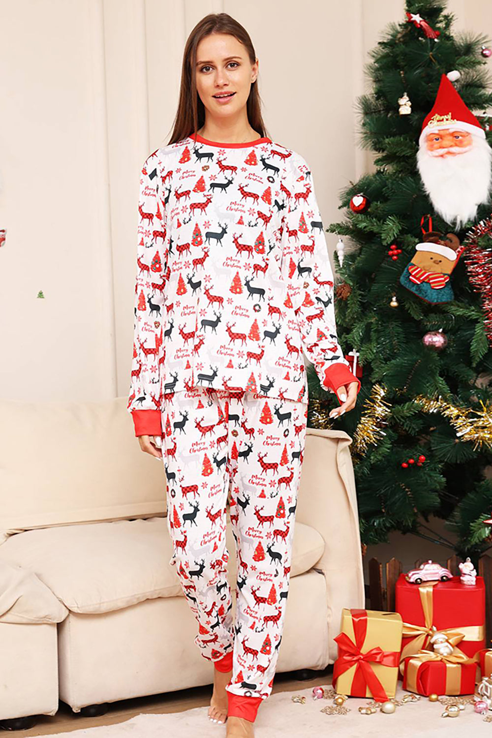 Christmas White and Tree Pattern Family Matching Pajamas Set