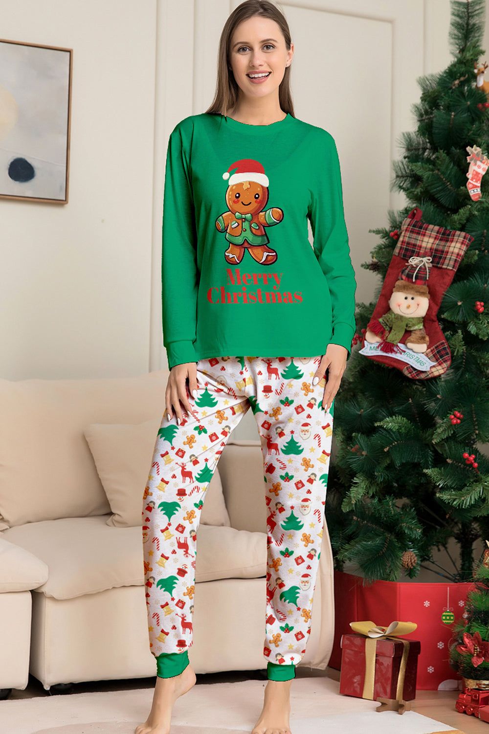 Christmas Family Matching Pajamas Green Santa Claus Print Pajamas Set