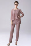 Dusty Rose 3 Pieces Chiffon Mother of Bride Pant Suits